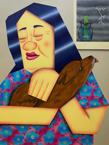 A colorful painting of Loc Huynh's mother and her dog, Downy.