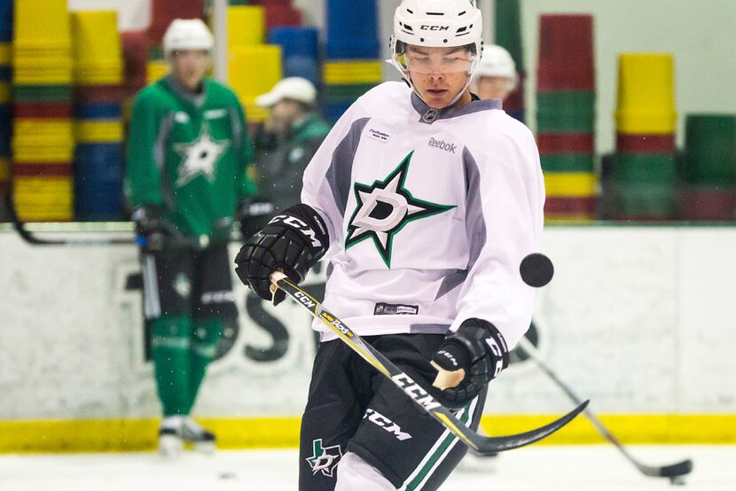 Defenseman Miro Heiskanen participates in a drill on the first day of Dallas Stars...