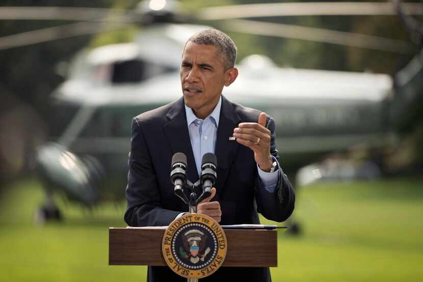 President Barack Obama speaks on the South Lawn of the White House in Washington, Saturday,...