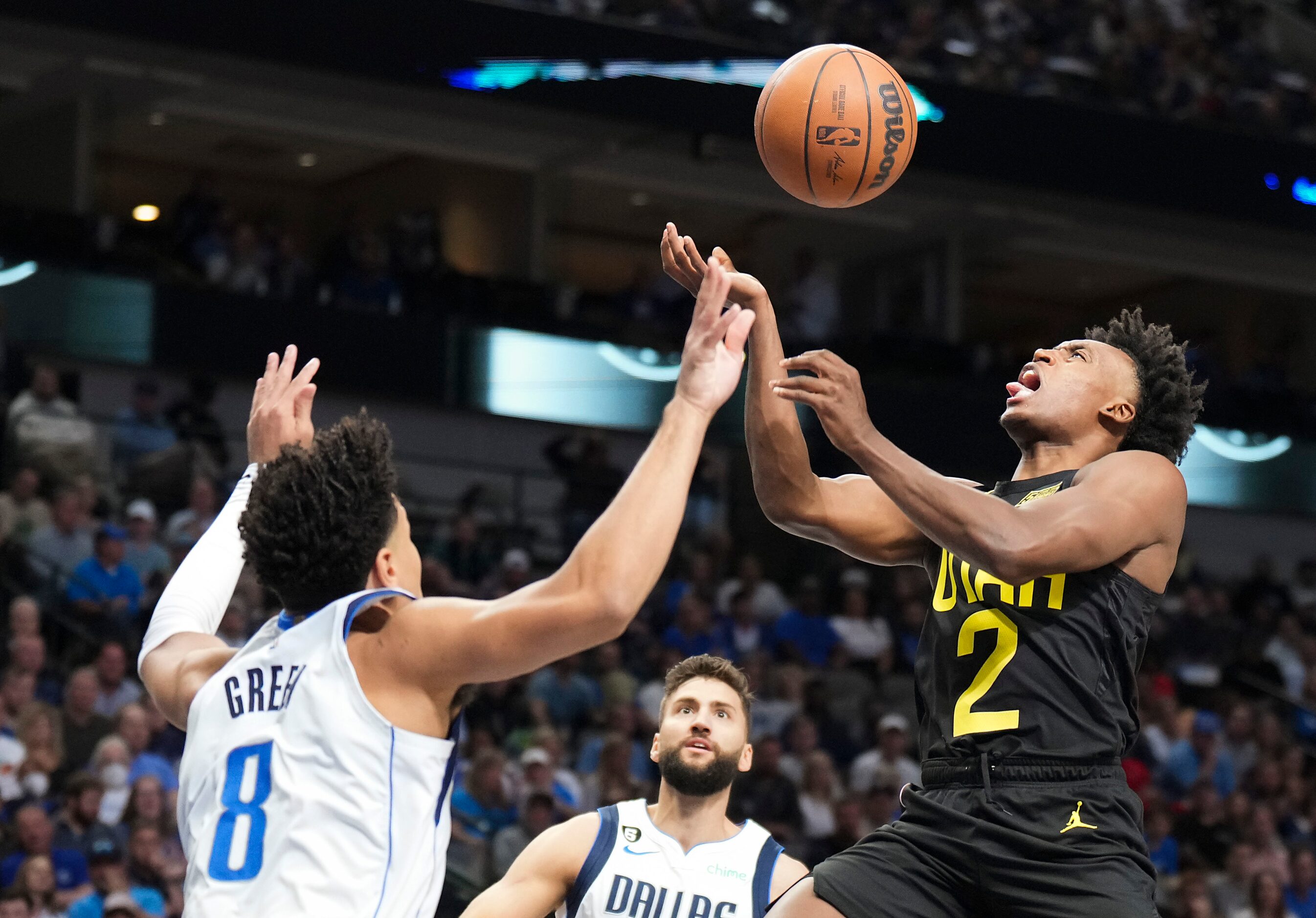 Utah Jazz guard Collin Sexton (2) loses the ball as Dallas Mavericks guard Josh Green...