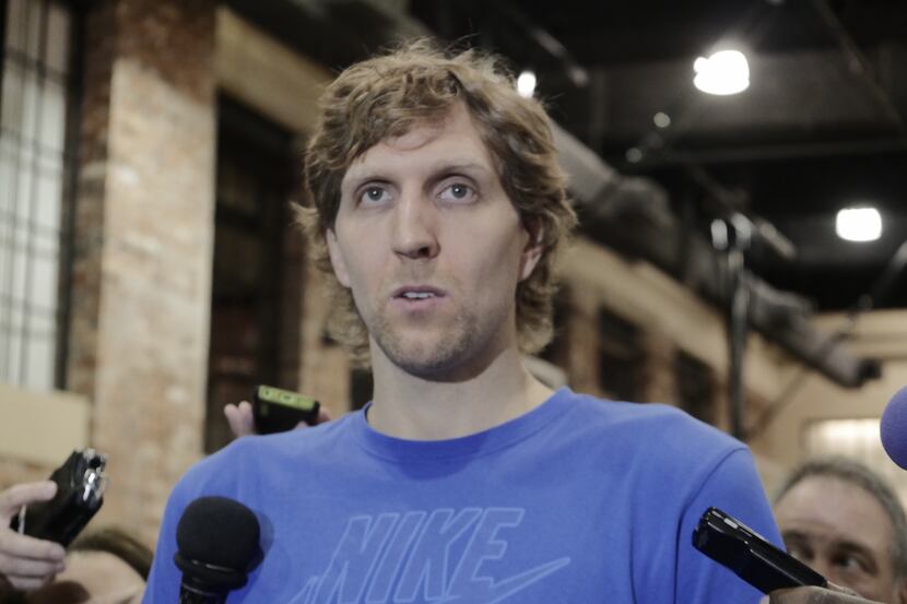 Dirk Nowitzki talks to the media at the AAC Wednesday April 29, 2015 about theDallas...
