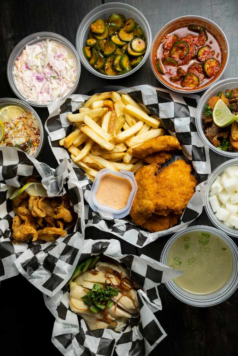 The panko tenders with various side dishes at Darkoo's Chicken Shack 