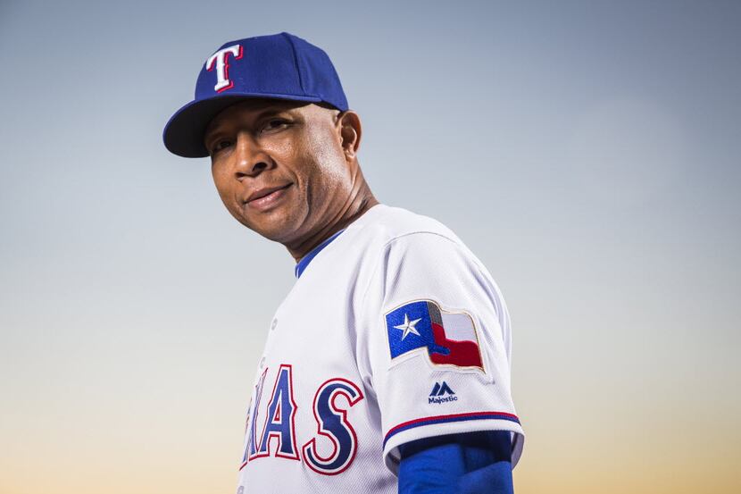 Texas Rangers third base coach Tony Beasley photographed during spring training photo day at...