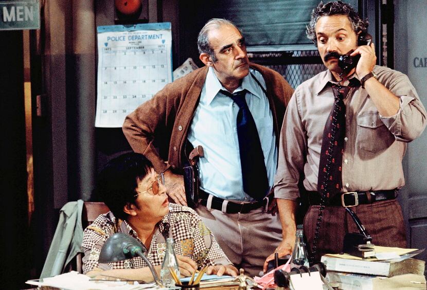 From left: Jack Soo and Abe Vigoda with Hal Linden in the title role of "Barney Miller" from...