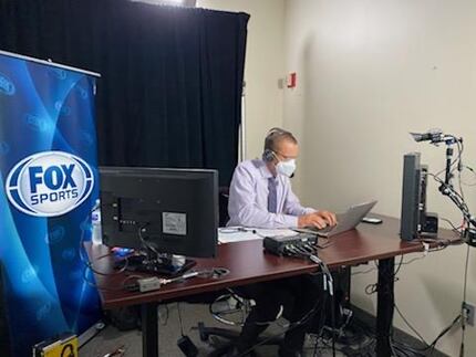 Mavericks TV play-by-play commentator Mark Followill at desk in the Fox Sports Southwest...