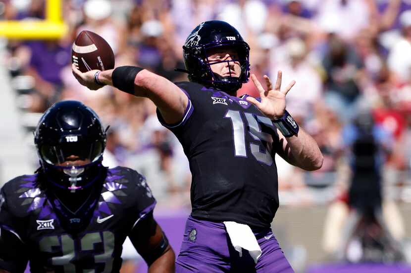 TCU quarterback Max Duggan (15) throws downfield against Oklahoma during the first half of...