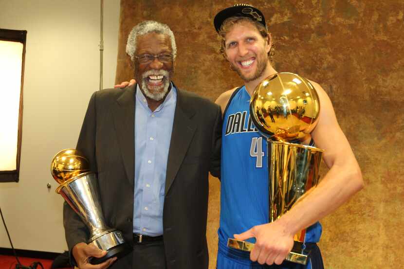 MIAMI, FL - JUNE 12:  Dirk Nowitzki of the Dallas Mavericks poses with NBA legend Bill...