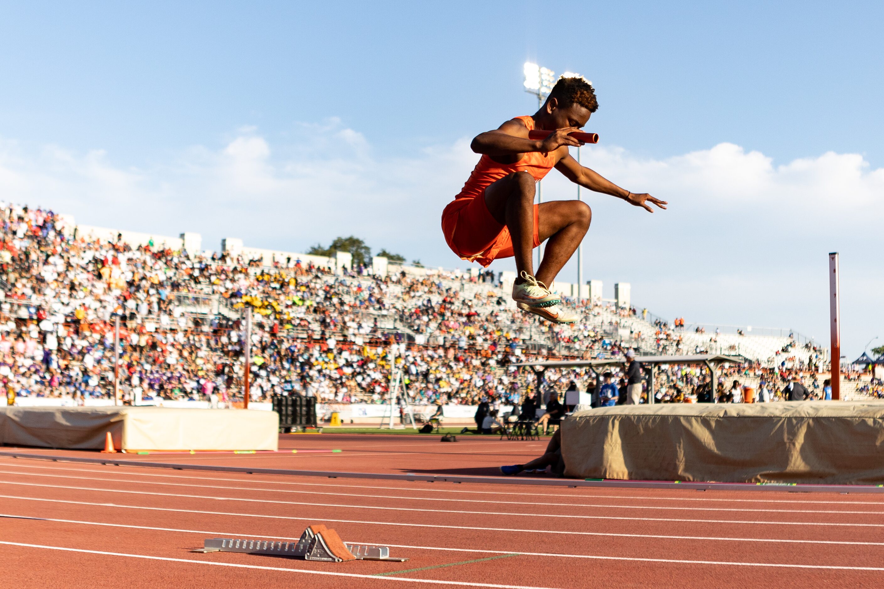 Nicholas Byrd of Lancaster prepares for the boys’ 4x200 relay at the UIL Track & Field State...