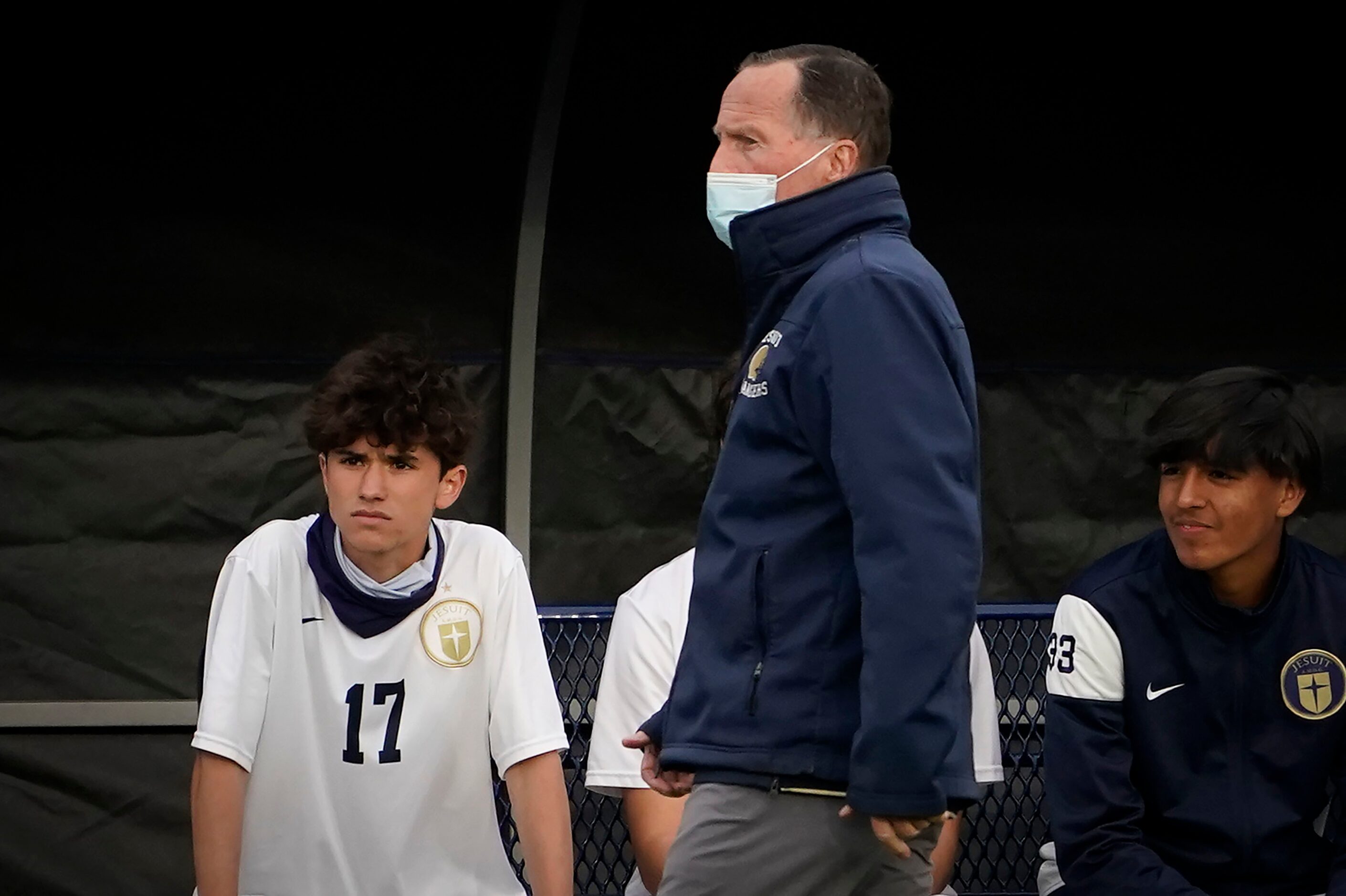 Jesuit head coach Charles DeLong works on the sidelines during a Class 6A Region I...