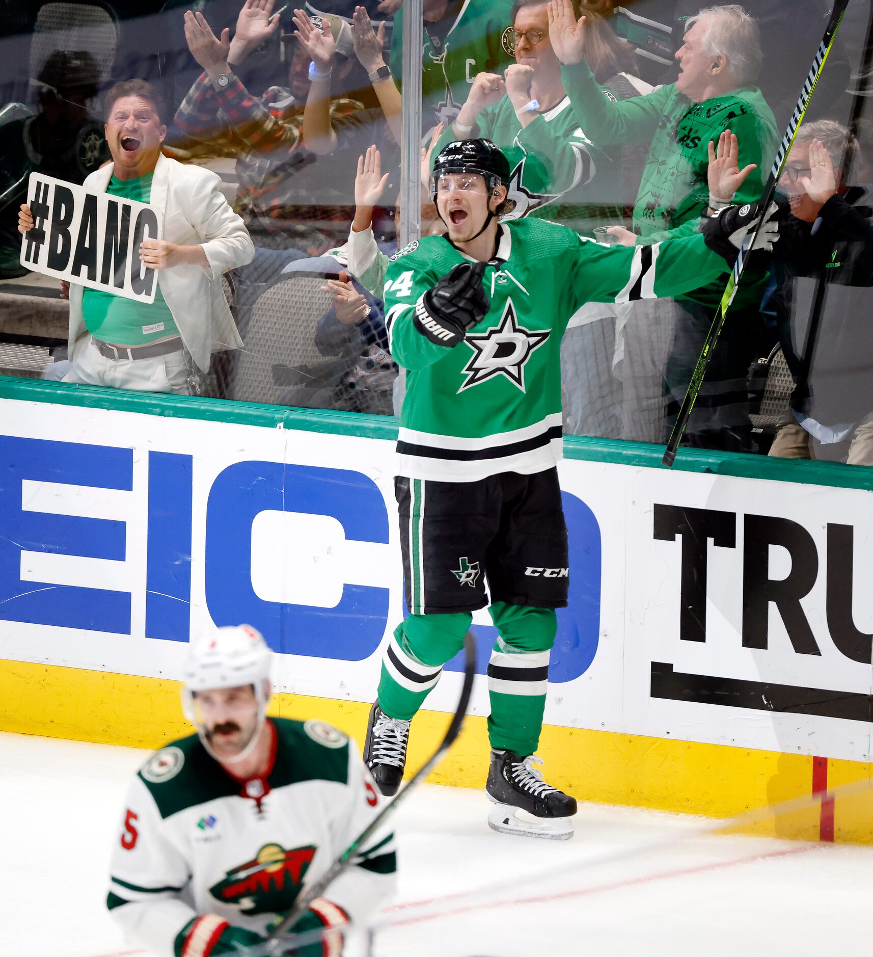 Dallas Stars center Roope Hintz (24) cl;elbrates his third goal of the game during the third...