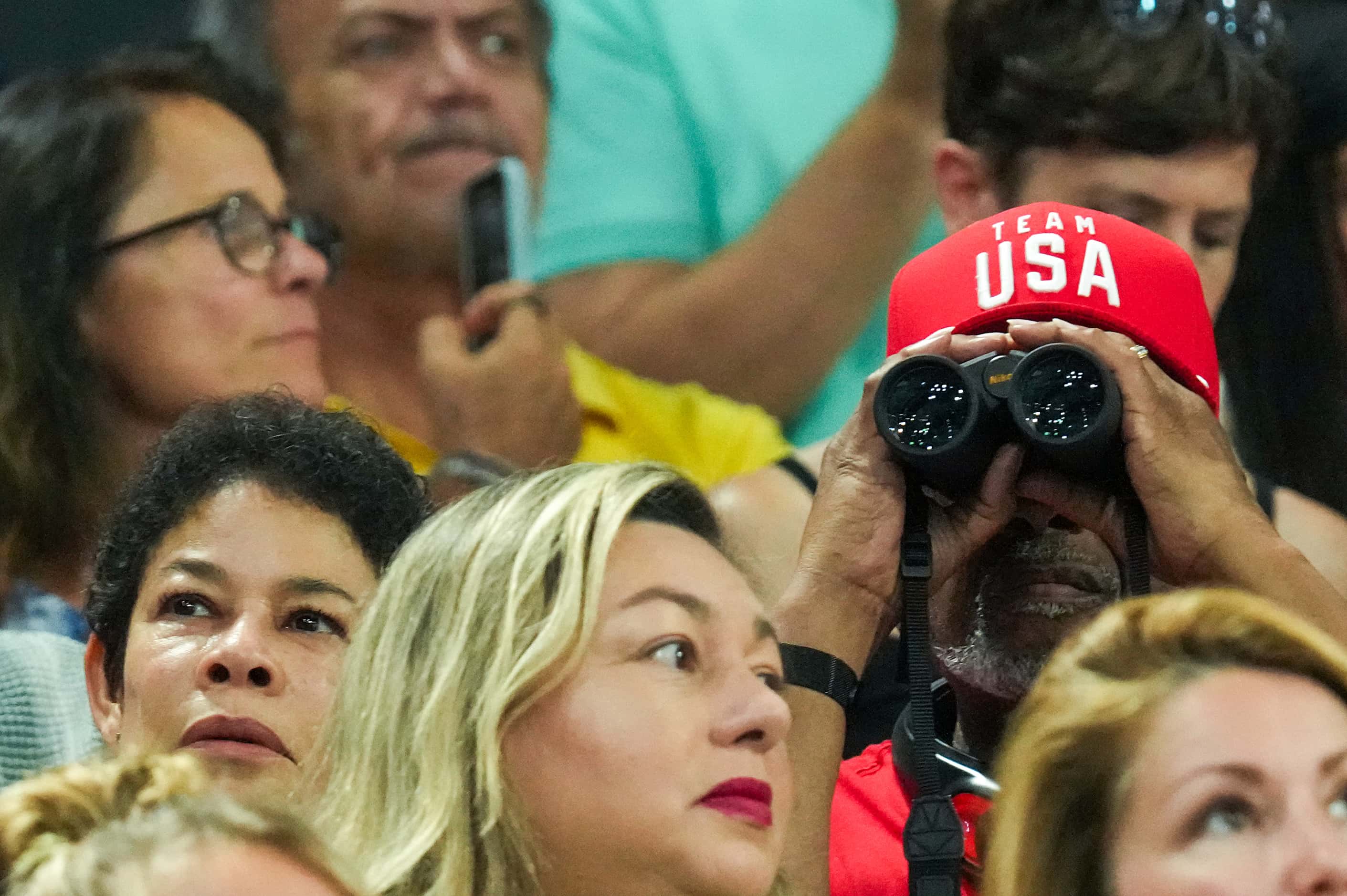 Simone Biles parents Nellie and Ronald Biles watch during the women’s gymnastics team final...
