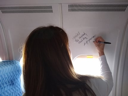 An American Airlines employee signs the interior of an MD-80 on its last commercial flight.