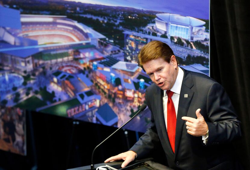 Arlington Mayor Jeff Williams welcomes guests to a news conference revealing new details...