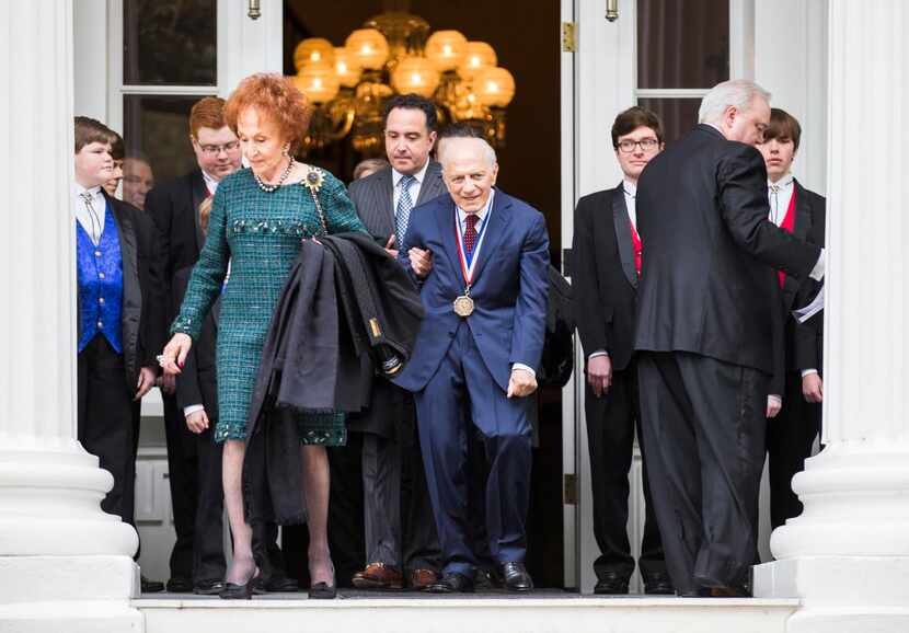 
Texas Medal of the Arts Award honoree Emilio Nicholas, Sr., his wife and others exit the...