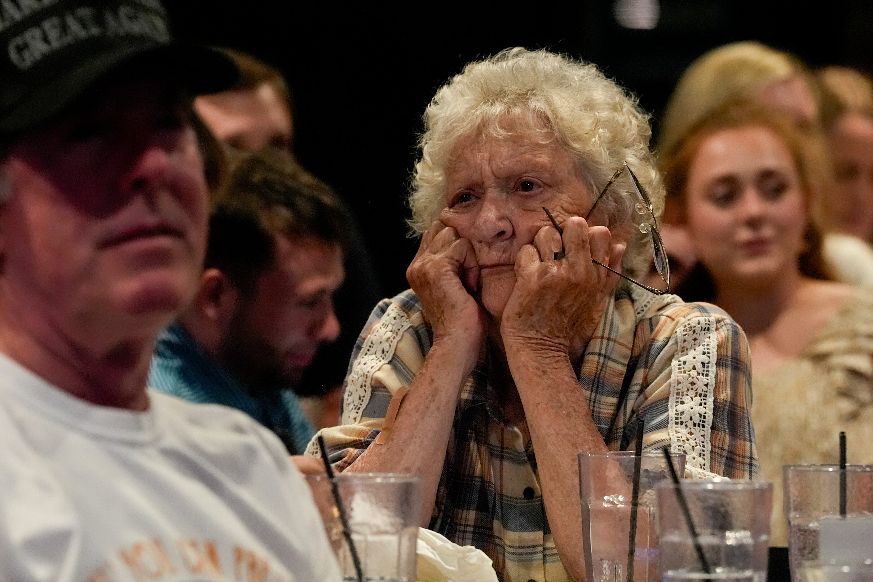 Former President Donald Trump supporter Pat Tuttle of Lebanon, Tenn., listens during the...