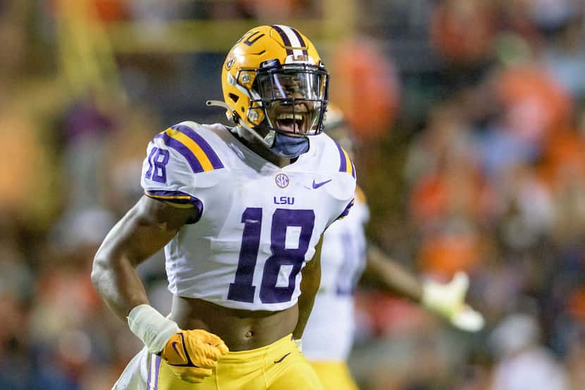 LSU linebacker Damone Clark (18) celebrates during an NCAA football game against Auburn on...