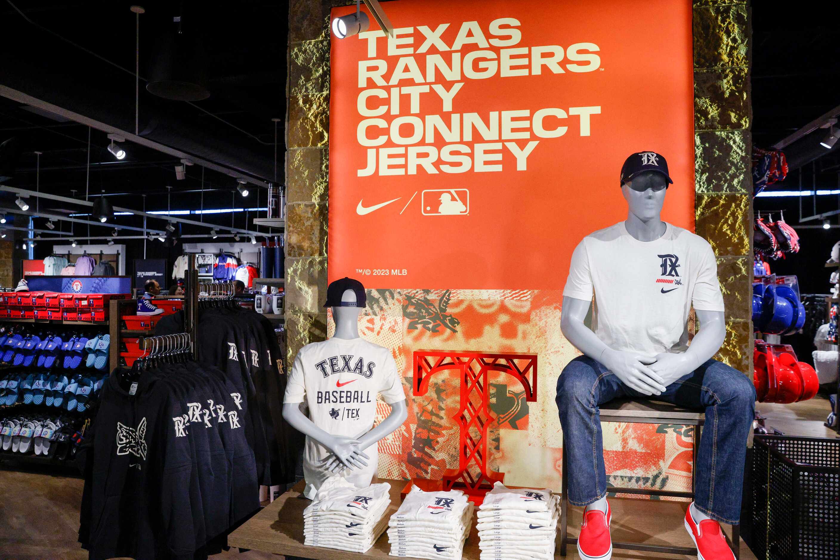 A display shows the new Texas Rangers City Connect Jersey merchandise at Globe Life Field on...