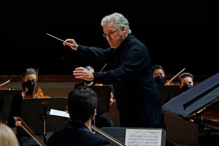 Guest conductor Pinchas Zukerman leads the Dallas Symphony Orchestra at the Meyerson...