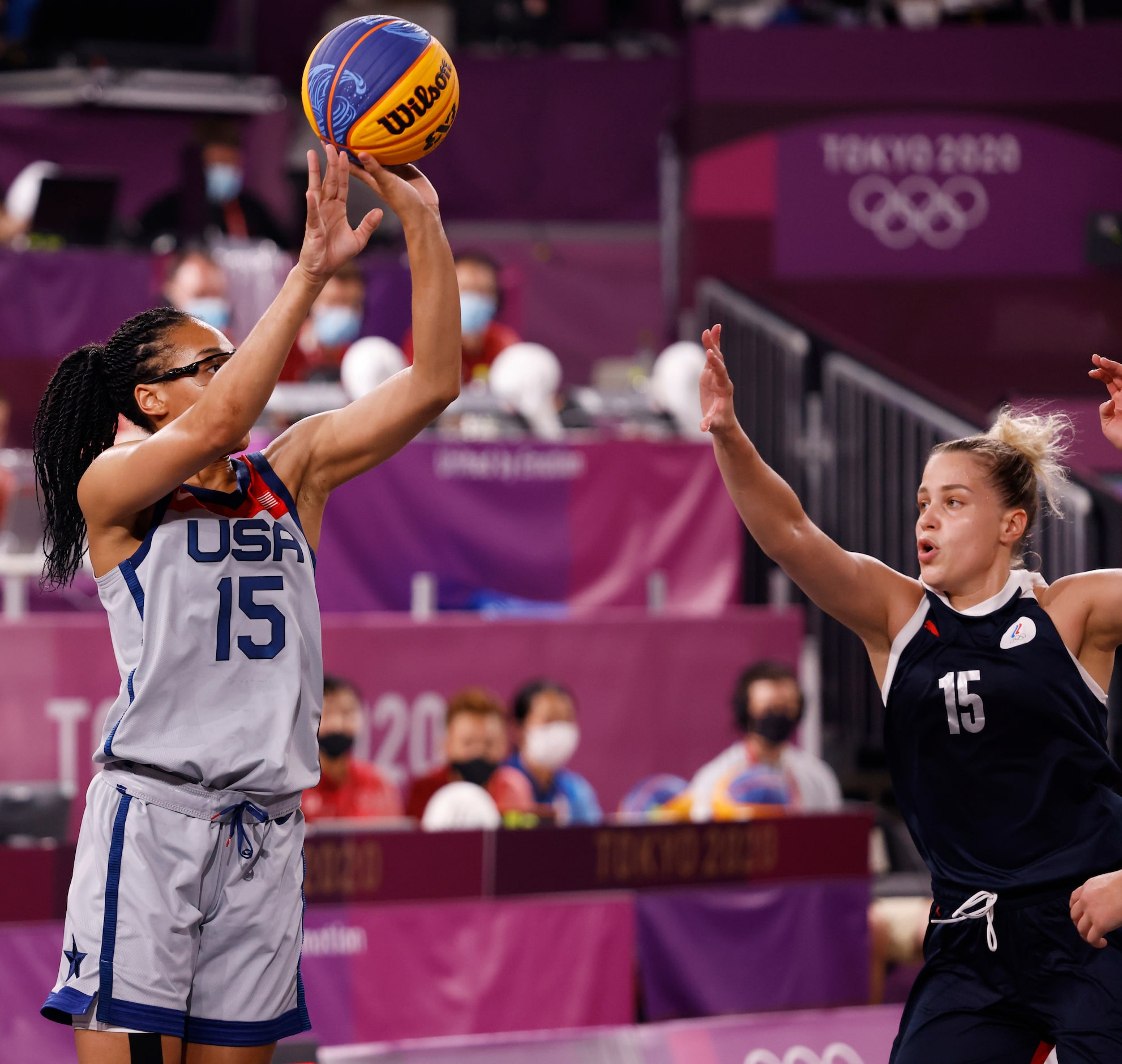 USA’s Allisha Gray ((15) takes a shot in front of ROC’s Olga Frolkina (15) during the 3x3...