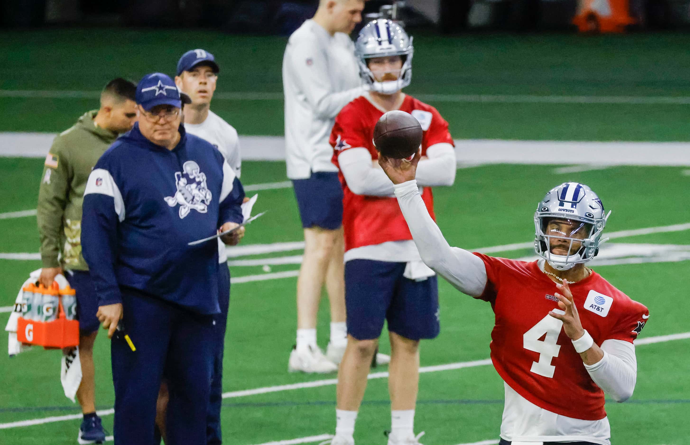 Dallas Cowboys quarterback Dak Prescott throws the ball during OTA practice on Thursday, May...