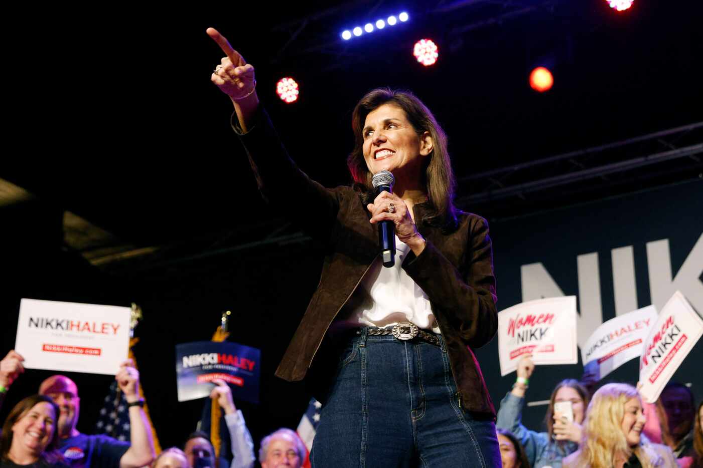 Republican presidential candidate Nikki Haley gestures to the supporters during a rally at...