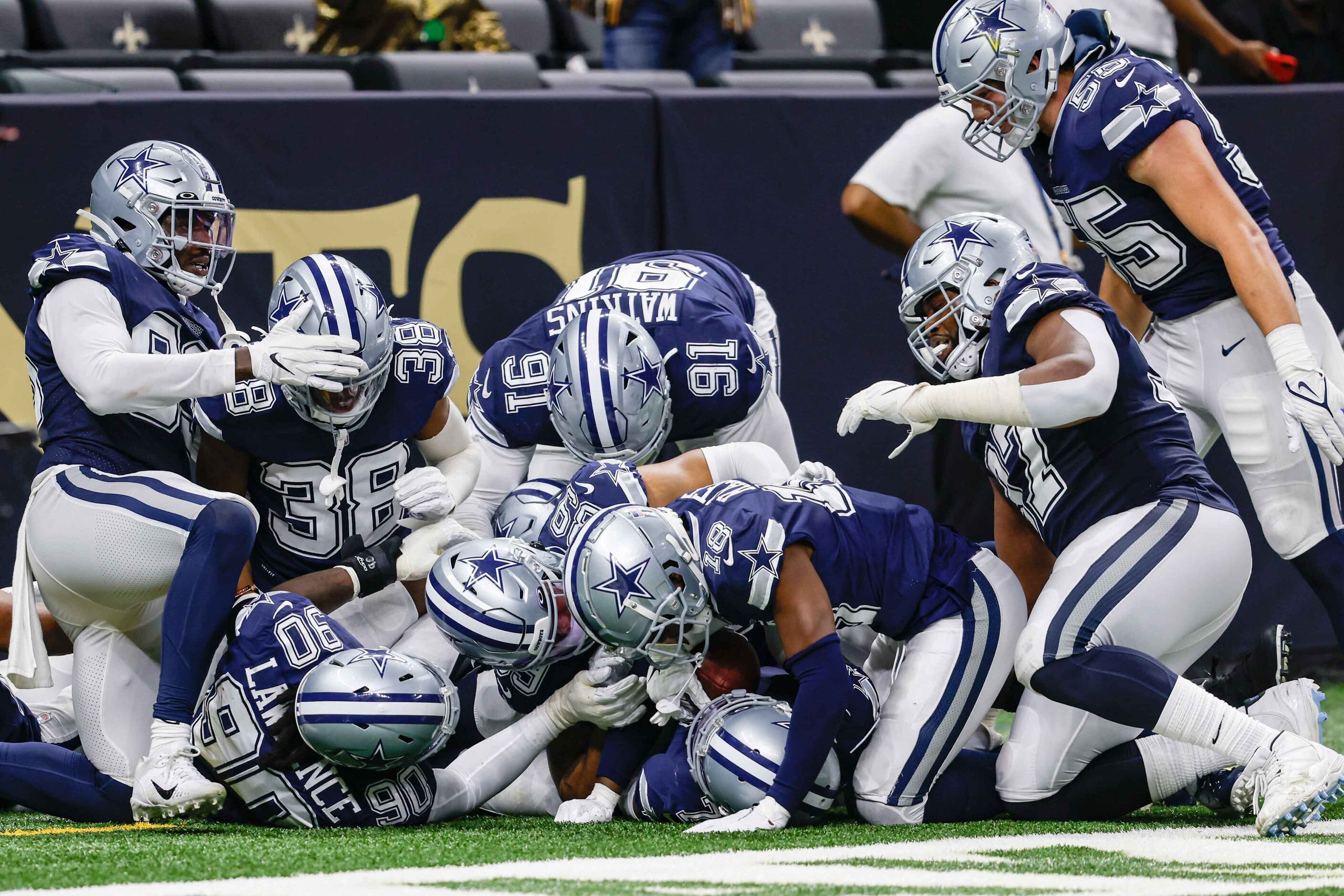 Dallas Cowboys team celebrates cornerback Trevor Diggs (7) interception against New Orleans...
