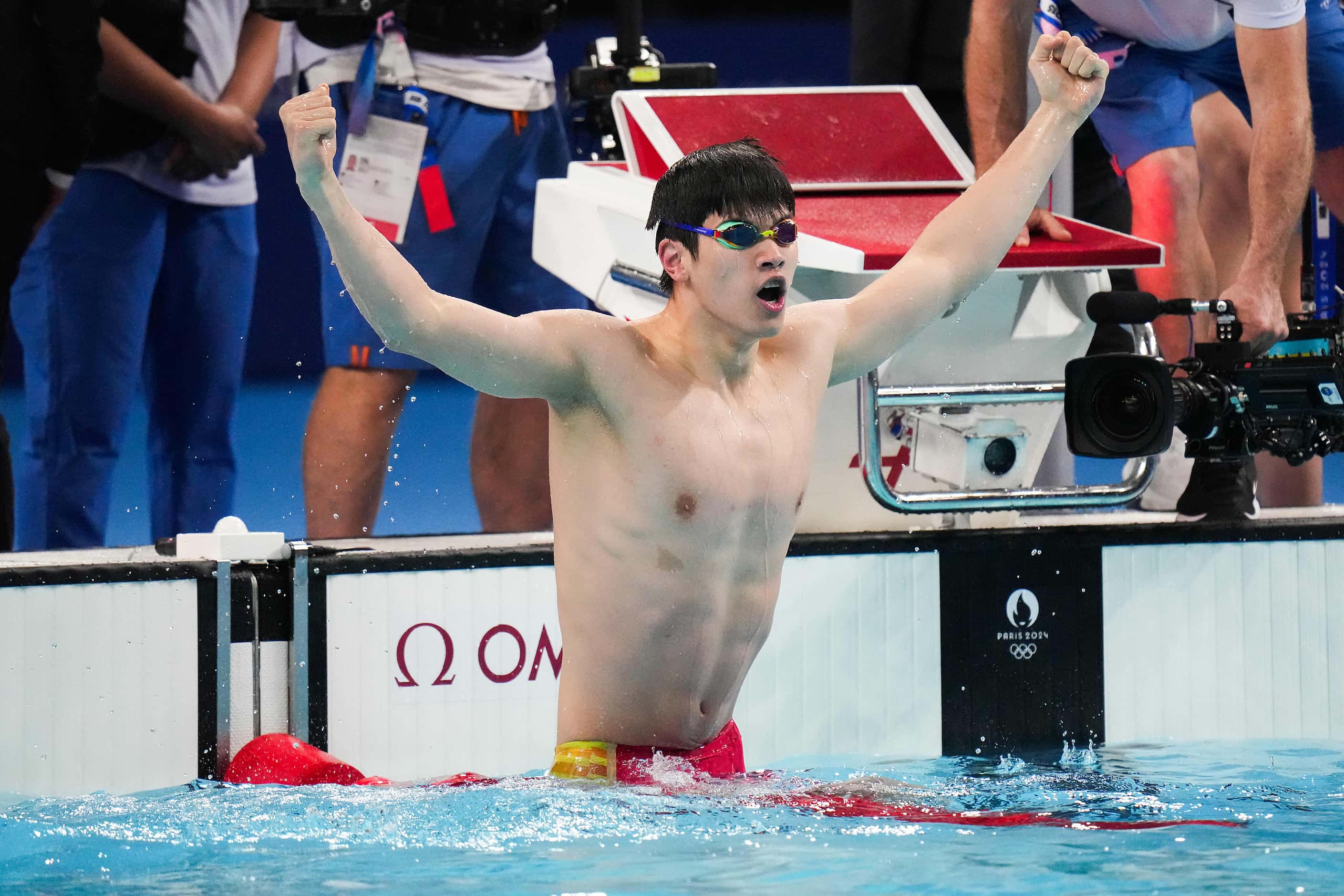 Pan Zhanle of China celebrates after winning the men’s 100-meter freestyle final at the 2024...