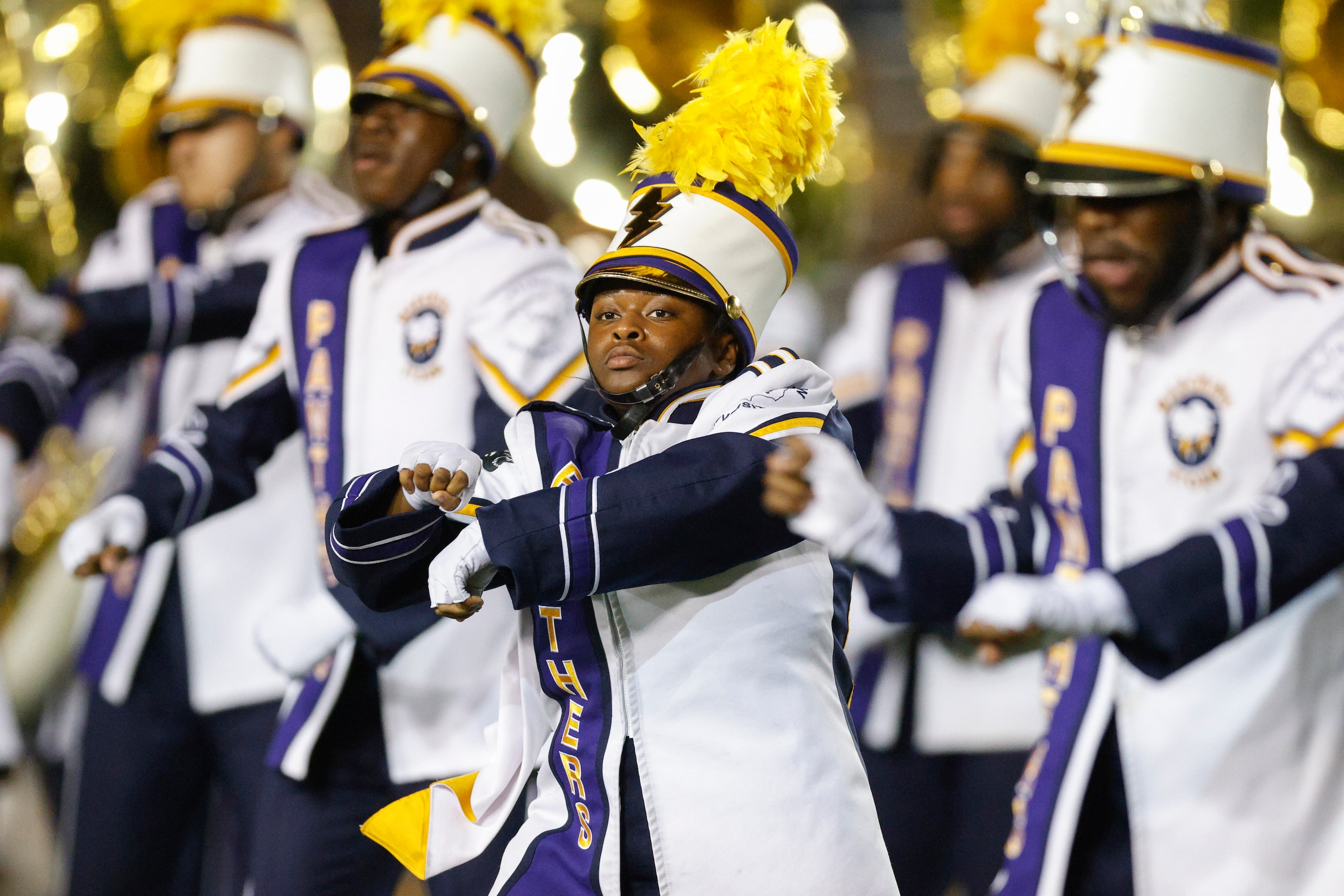 The Prairie View A&M marching band performs during halftime at the State Fair Classic at the...