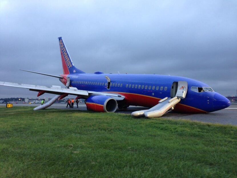  A Southwest Airlines jet tilts on a New York LaGuardia runway after a landing went badly in...