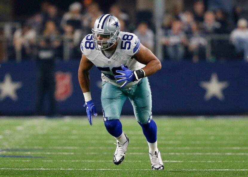 Dallas Cowboys' Jack Crawford (58) rushes against the Detroit Lions during an NFL football...