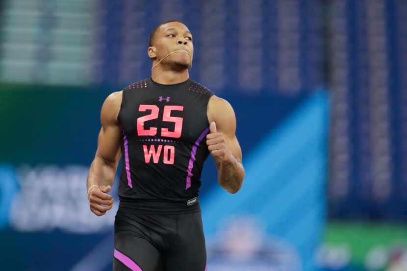 Maryland wide receiver D J Moore runs the 40-yard dash at the NFL football scouting combine...