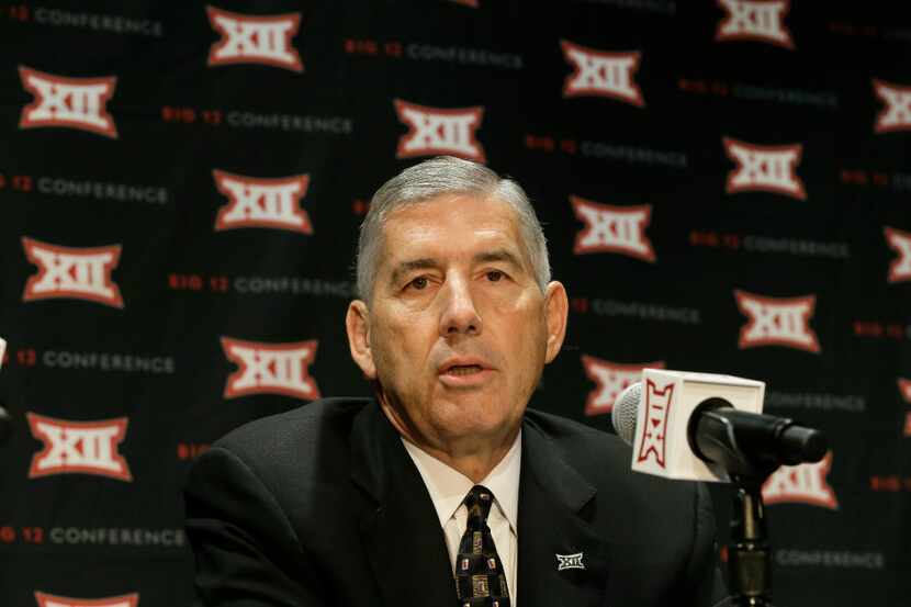 FILE - In this Oct. 17, 2016 file photo, Big 12 Commissioner Bob Bowlsby speaks to reporters...