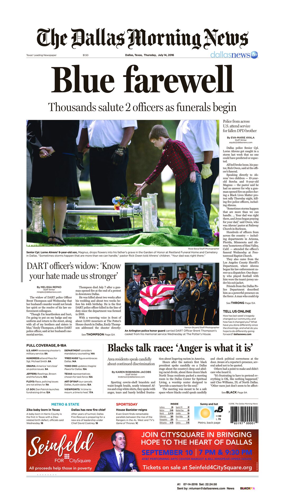 Front page of The Dallas Morning News on July 14, 2016. 