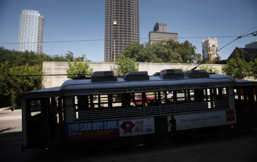 The McKinney Avenue Trolley across from the Dallas Museum of Art in Dallas, Texas on...