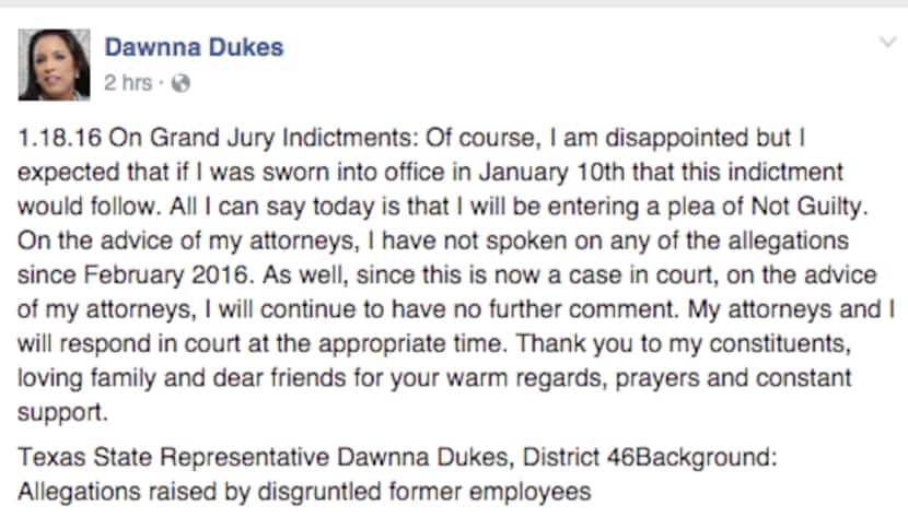 Facebook page of Rep. Dawnna Dukes, D-Austin, Jan. 18, 2017.