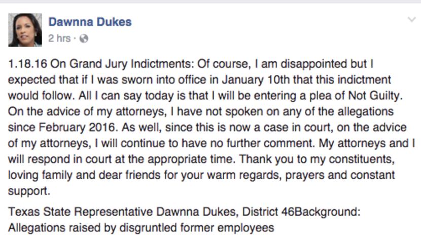 Facebook page of Rep. Dawnna Dukes, D-Austin, Jan. 18, 2017.