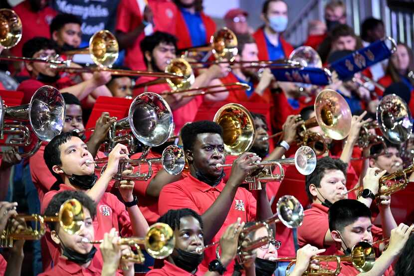 The SMU band performs during a timeout in the first half during a men’s NCAA basketball game...