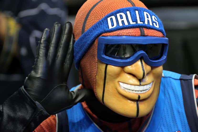 Mavs Man entertains fans before a press conference at the American Airlines Center on...