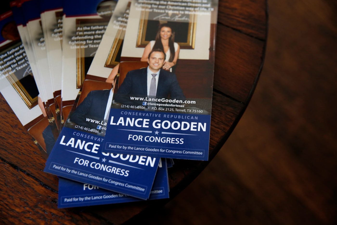 Campaign door hangers sit on a table during a campaign fundraiser for Texas state...