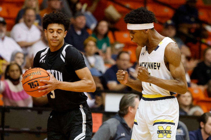 McKinney’s Ja'Kobe Walter, right, reacts after a backcourt violation is called on Arlington...