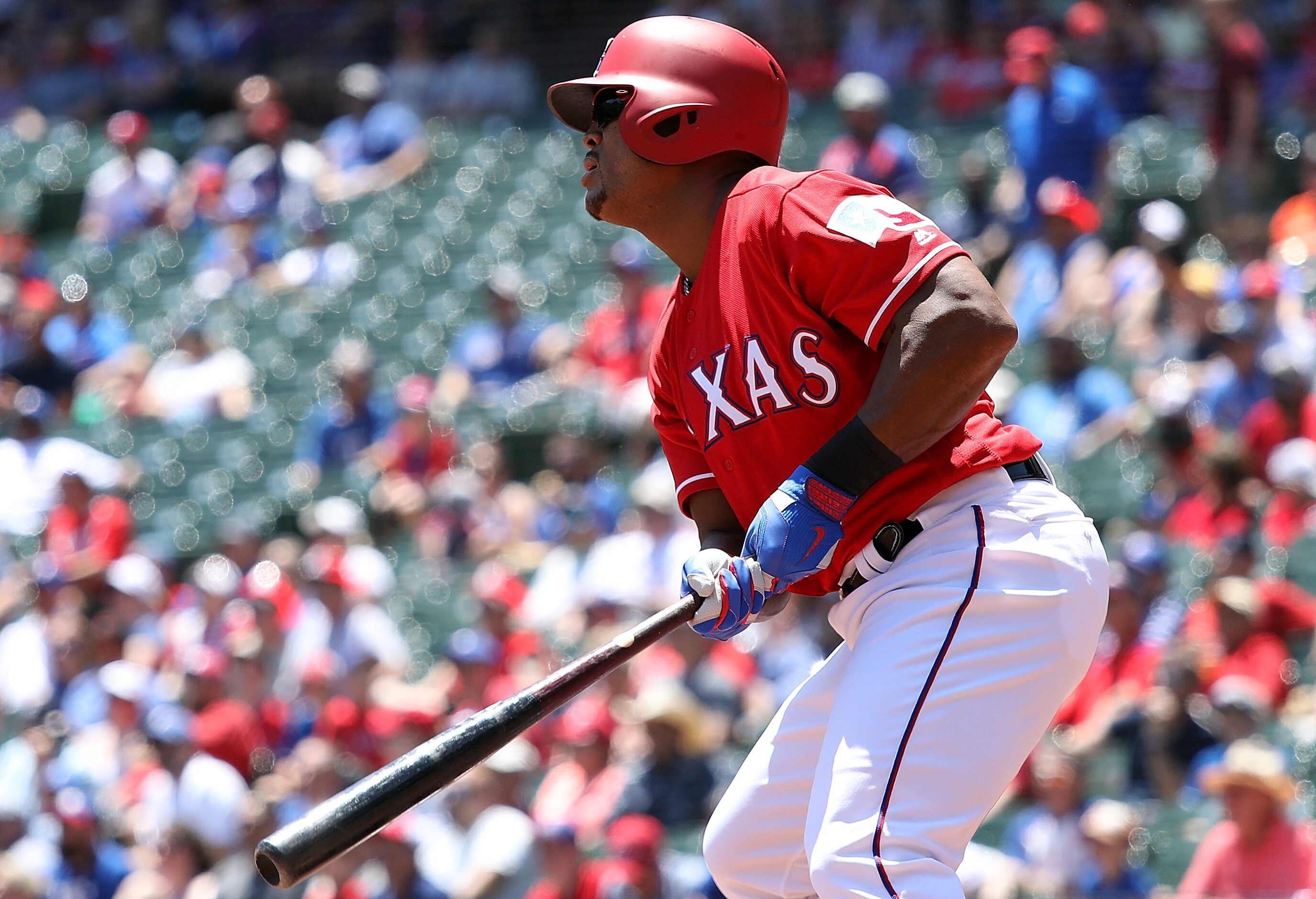 ARLINGTON, TX - MAY 09:  Adrian Beltre #29 of the Texas Rangers hits a rbi single in the...