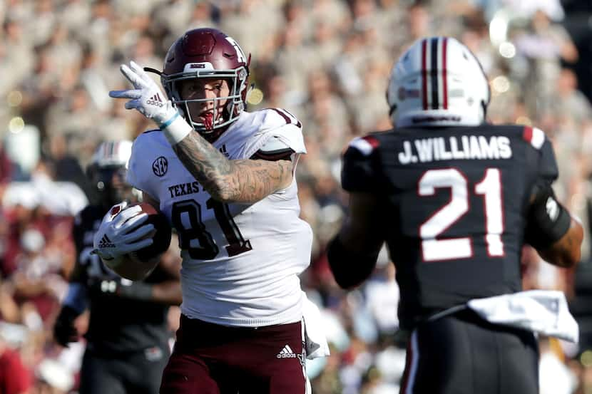 COLUMBIA, SC - OCTOBER 13:  Jace Sternberger #81 of the Texas A&M Aggies reacts after a play...