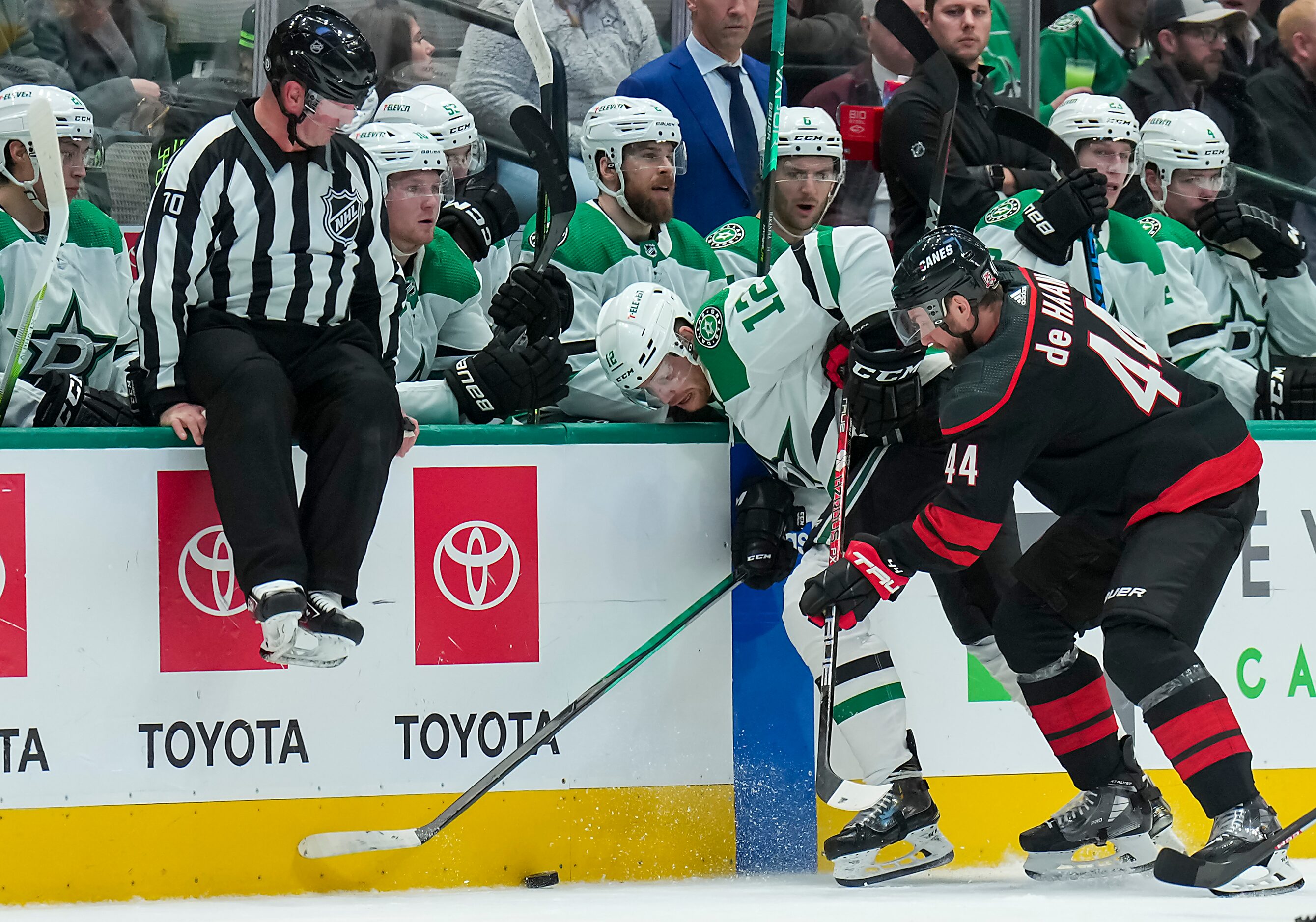 Dallas Stars center Radek Faksa (12) works along the boards against Carolina Hurricanes...