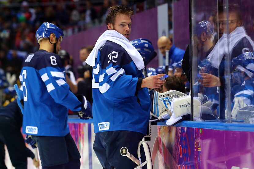 SOCHI, RUSSIA - FEBRUARY 21: Kari Lehtonen #32 of Finland looks on in the first period...