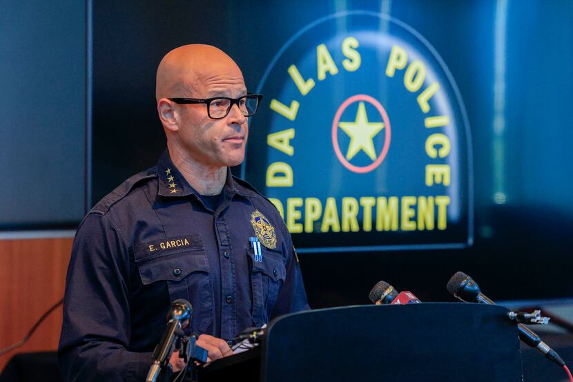 Dallas police Chief Eddie García addresses reporters during a news conference Tuesday about...