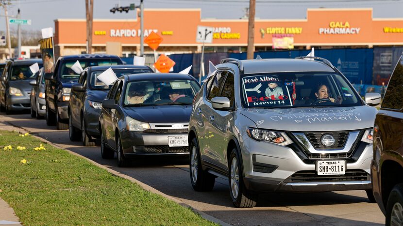 Cars line up along Pearl Street before a fentanyl workshop on Wednesday, March 22, 2023, in...