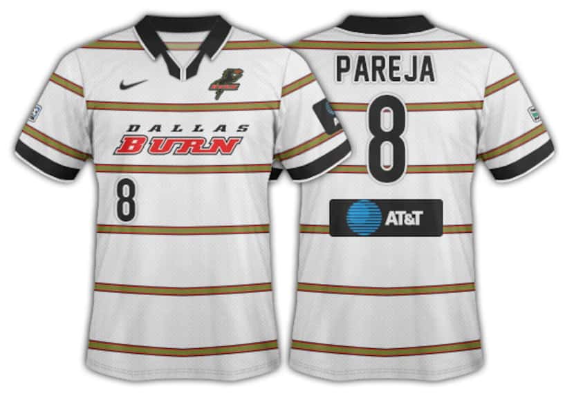 1998-99 Dallas Burn white with thin wasabi hoops and the Burn wordmark.