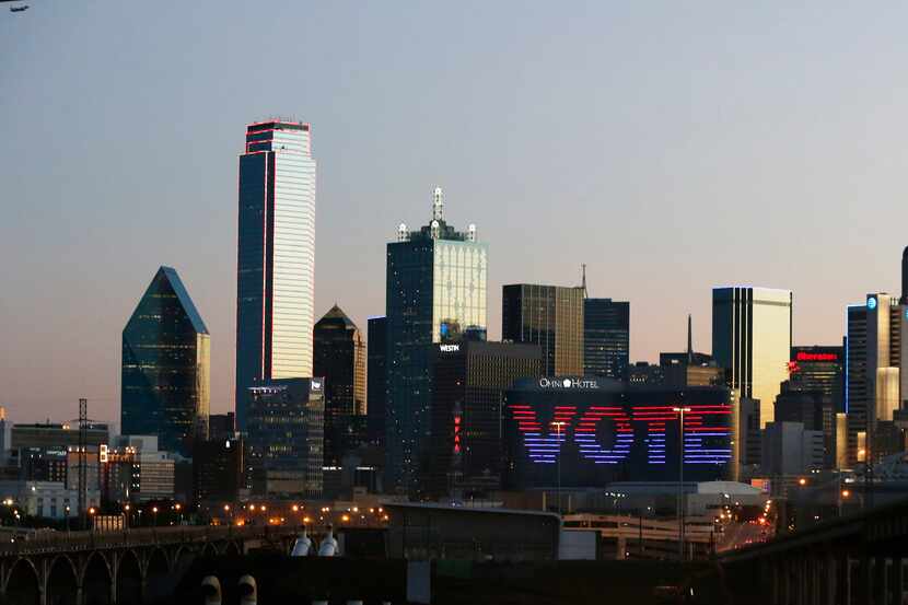 "Vote" was displayed on the Omni Dallas hotel Tuesday.