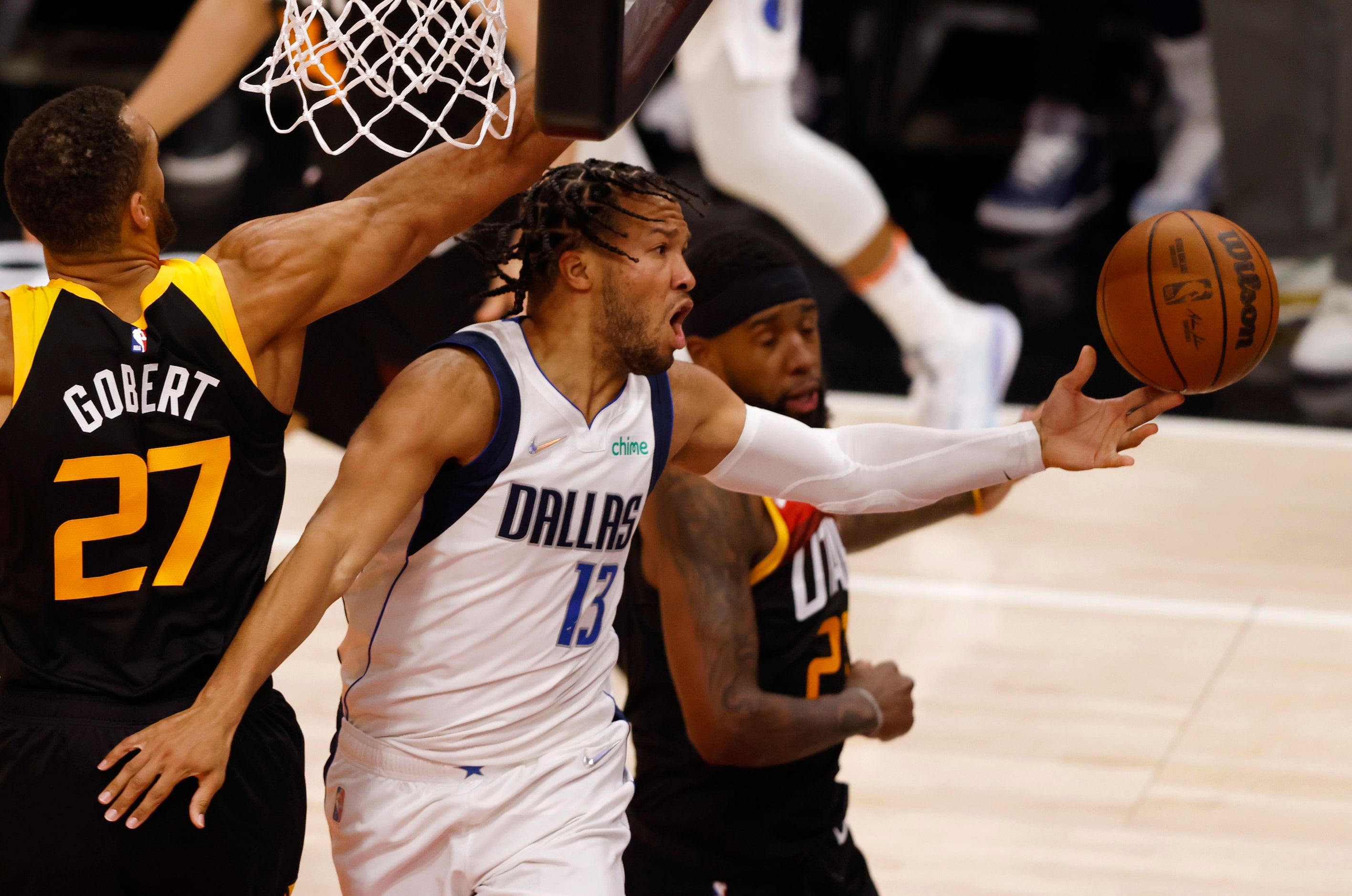 Dallas Mavericks guard Jalen Brunson (13) looses control of the ball as Utah Jazz center...