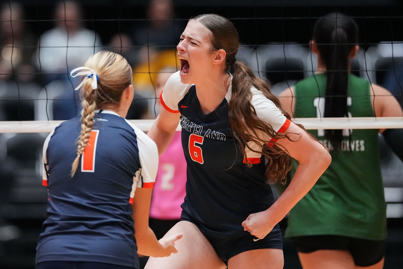 Frisco Wakeland's Hannah Lee (6) celebrates a point during the UIL Class 5A Division II...